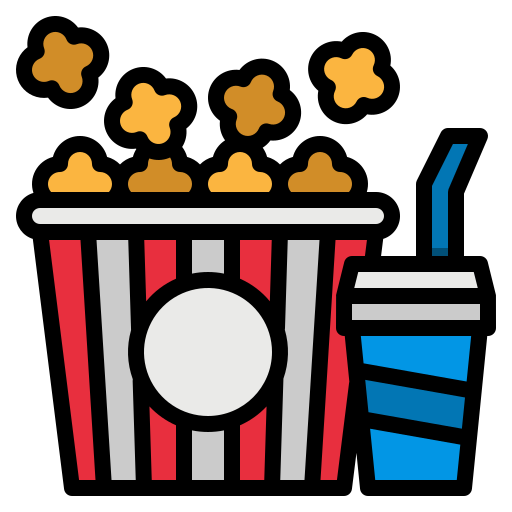 a cartoon red and white striped bag of popcorn and a blue and white portable drink cup with a straw